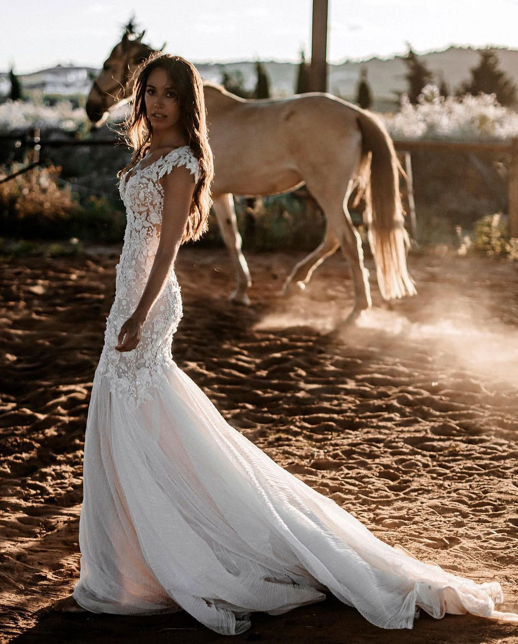 Bmbridal V-Neck Mermaid Wedding Dress With Appliques And Beading Chapel Train