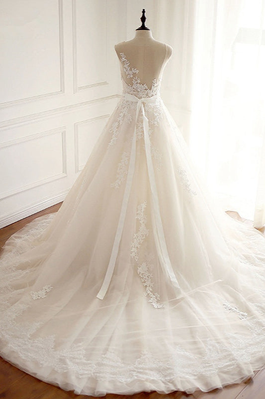 Vintage Jewel Tulle Long A Line Wedding Dress With Appliques Lace