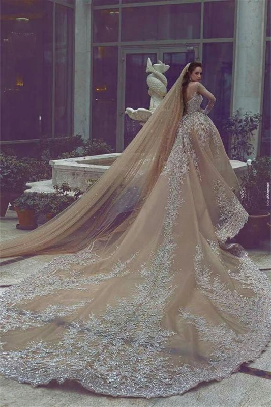 Long Sleeves Beaded Ball Gown Wedding Dress With Appliques