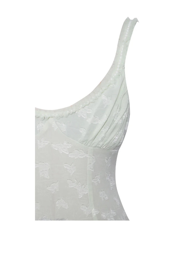Vestido Maxi Ulissa Verde Claro com Decote Quadrado, Textura Jacquard e Fenda Alta