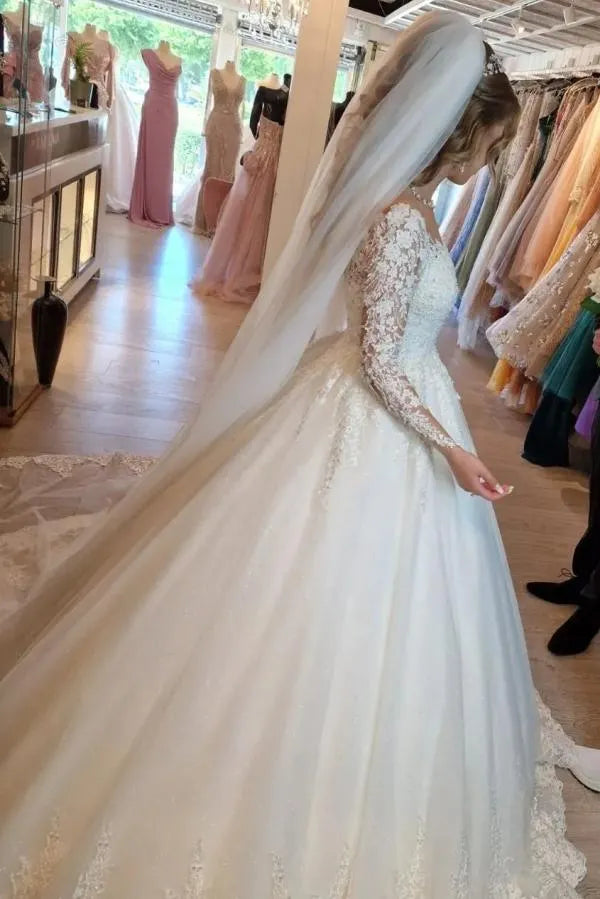 White Lace V Neck A Line Wedding Dress With Long Sleeves
