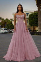 Tulle Spaghetti Strap Sleeveless A Line Prom Dress With Sequins Beads