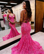 Vestido longo de baile de finalista cor-de-rosa com lantejoulas, estilo sereia, sem mangas e alças finas às costas
