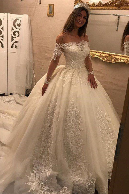 Long Sleeves Off The Shoulder Ball Gown Wedding Dress With Lace Appliques
