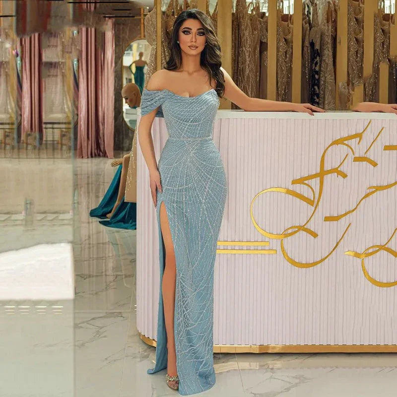 Vestidos de fiesta elegantes y sexys color azul celeste con diseño de sirena 2025, un solo hombro, abertura alta, para baile de graduación, hechos a medida