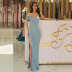 Vestidos de fiesta elegantes y sexys color azul celeste con diseño de sirena 2025, un solo hombro, abertura alta, para baile de graduación, hechos a medida