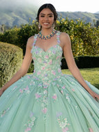 Äthergrünes Minzherz Quinceañera-Kleid Zartes Pastellblumen-Applikation Schimmerndes Ballkleid Vestidos De 15 Quinceañera