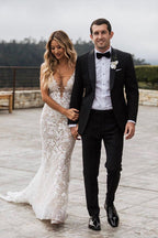 Modern Spaghetti Straps Jewel Mermaid Wedding Dress With Lace V Neck