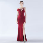 Vestido de noite de etiqueta de dama de honor com exposição de estilingue de cetim