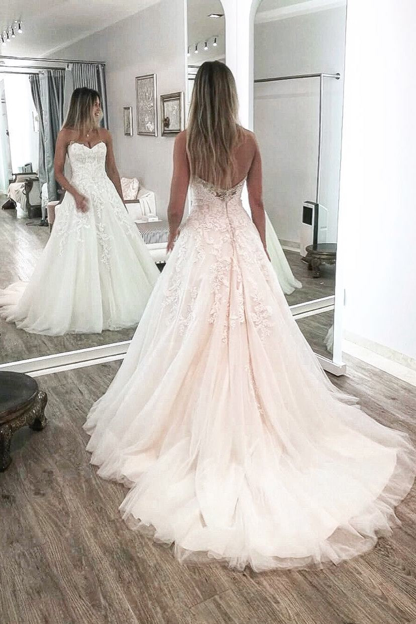Gorgeous Long Sweetheart Tulle A Line Wedding Dress With Appliques Lace