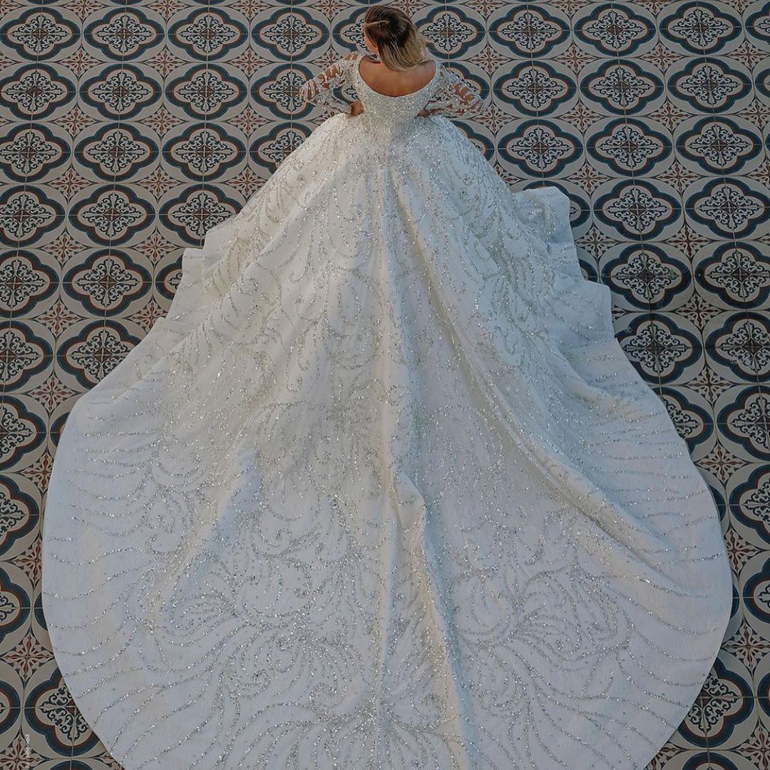 Bmbridal Long Sleeve Satin Ball Gown Wedding Dress Beaded Sequined