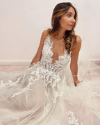 Deep V-Neck Backless A-Line Wedding Dress With Appliques Lace Tulle