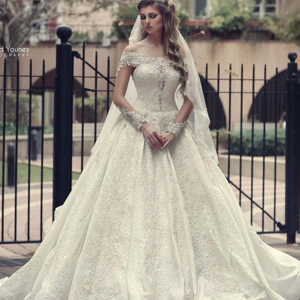 Glamorous Long Sleeves A Line Off The Shoulder Wedding Dress Backless Appliques