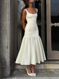 Abito Midi con Scollo Quadrato Elegante, Spalline Larghe e Vita Cadente