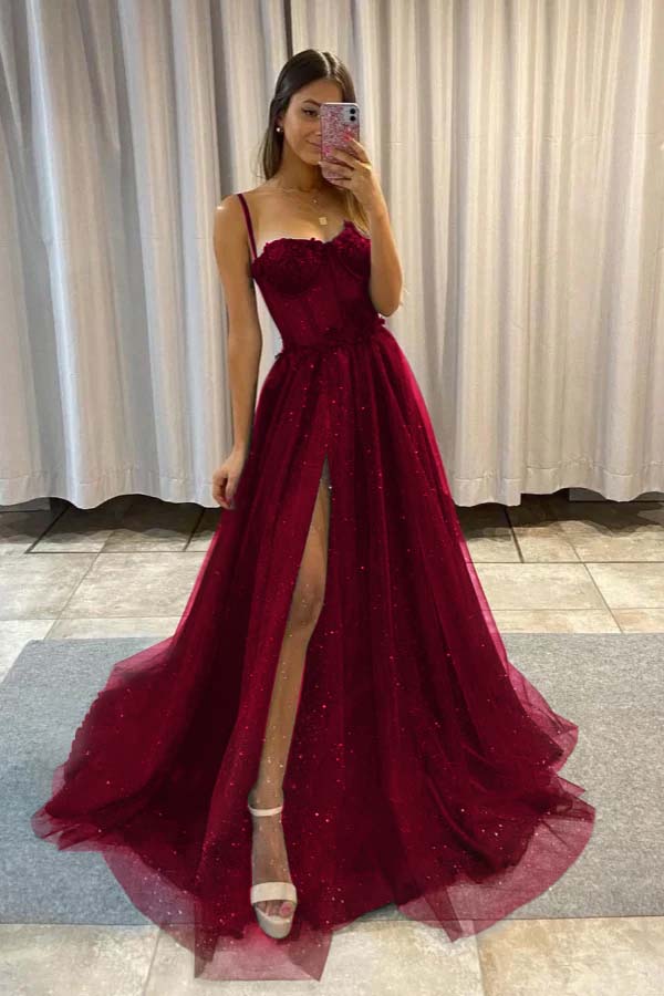 Sequined Spaghetti Strap Sleeveless Long Split Prom Dress