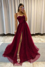 Sequined Spaghetti Strap Sleeveless Long Split Prom Dress