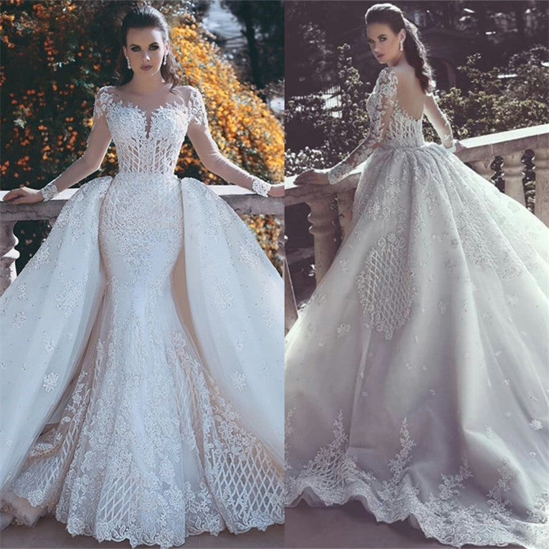 Long Sleeve Lace Appliques Mermaid Wedding Dress With Detachable Skirt
