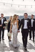 Modern Spaghetti Straps Jewel Mermaid Wedding Dress With Lace V Neck