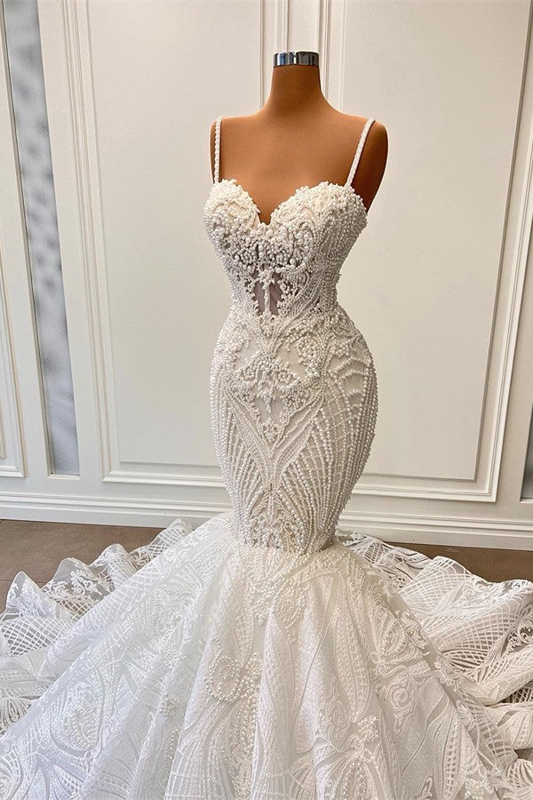 Bmbridal Mermaid Lace Appliques Wedding Dress With Spaghetti Straps Sleeveless