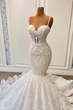 Bmbridal Mermaid Lace Appliques Wedding Dress With Spaghetti Straps Sleeveless
