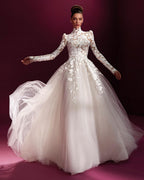 Elegant Floor Length A Line Wedding Dress With Appliques High Neck