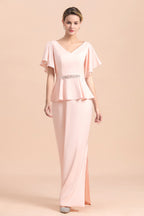 BMbridal Glamorous V-Neck Front Slit Mother of Bride Dresses with Beadings Sash
