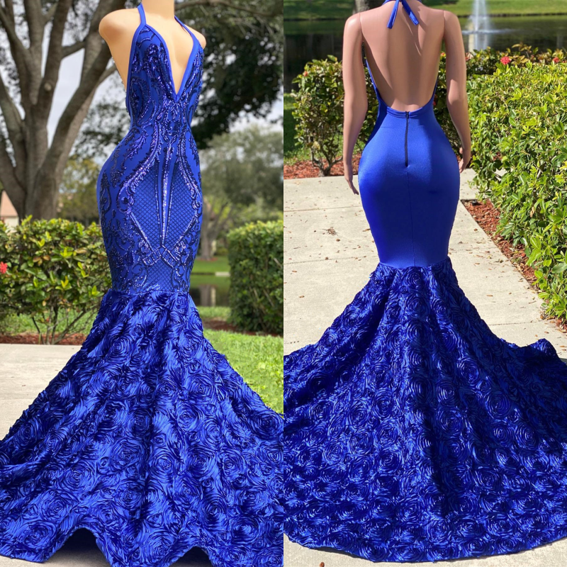 Robe de bal sirène bleu royal à col en V avec encolure licou et dos ouvert