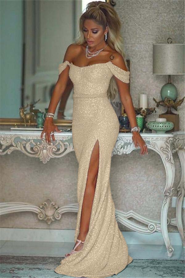 Pink Sequins Off Shoulder Mermaid Prom Dress With Slit Custom Colors And Sizing
