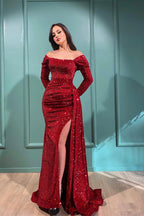Abito lungo da sera con spalle scoperte, paillettes e spacco stile sirena per ballo di fine anno