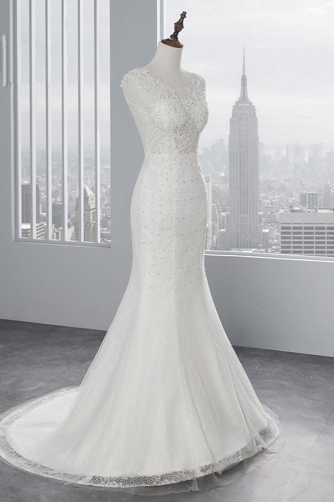 Chic Sleeveless Long Mermaid Jewel Tulle Wedding Dress With Lace Appliques