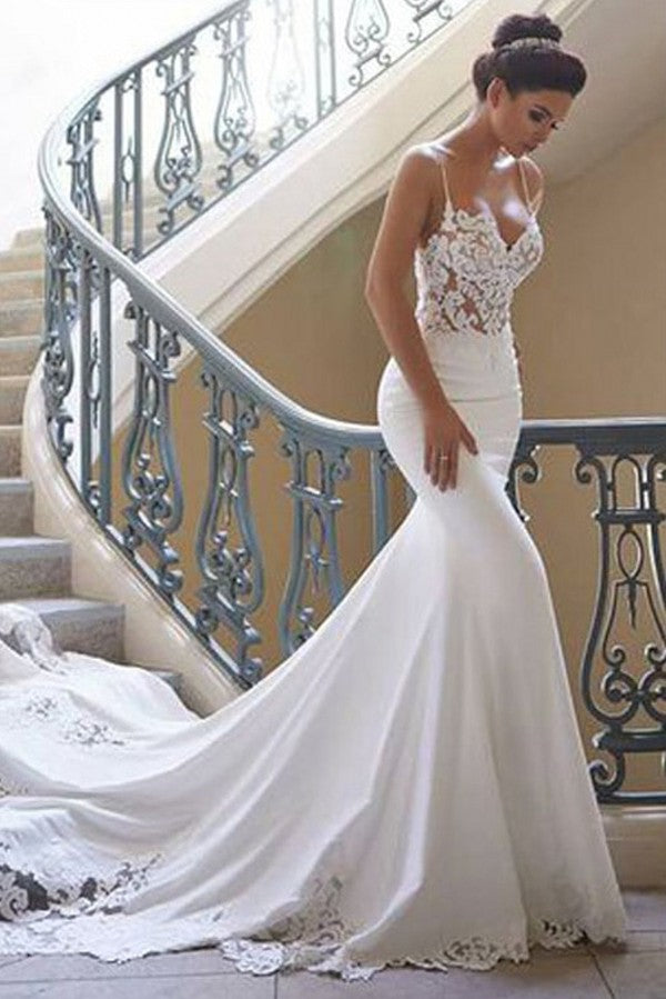 Bmbridal Lace Spaghetti Strap Mermaid Wedding Dress Sleeveless V Neck