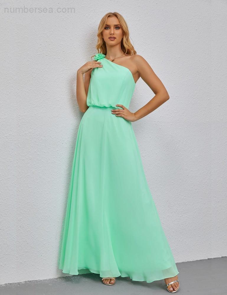Ruffled One Shoulder Sleeveless Long Bridesmaid Dresses A-line Formal Evening Gown Side Split 28080