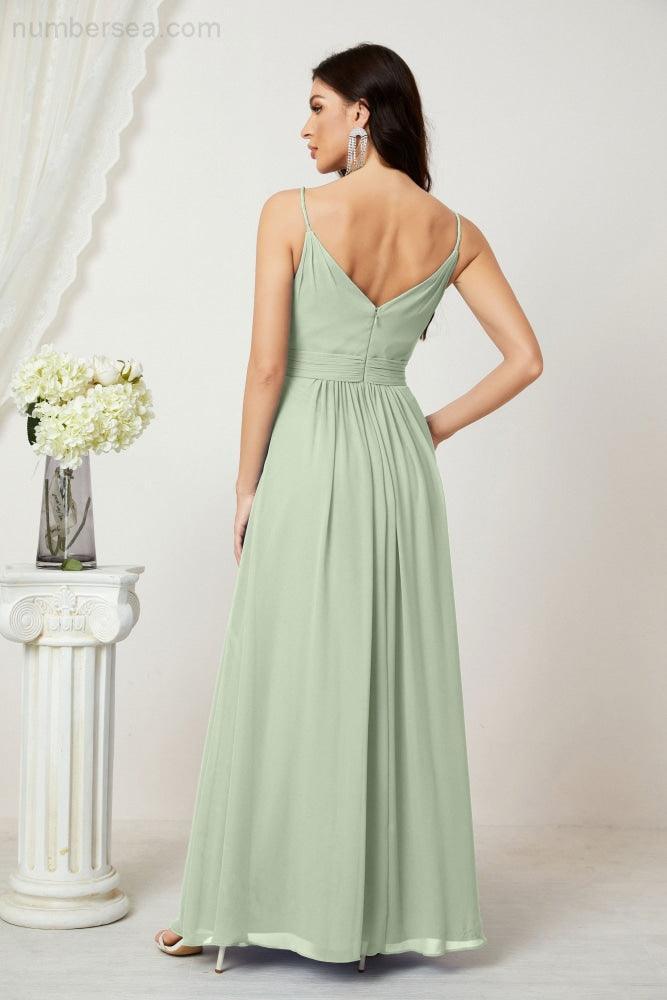 Chiffon V-Neck Bridesmaid Dress Spaghetti Strap Long Formal Party Prom Gowns with Slit 28010