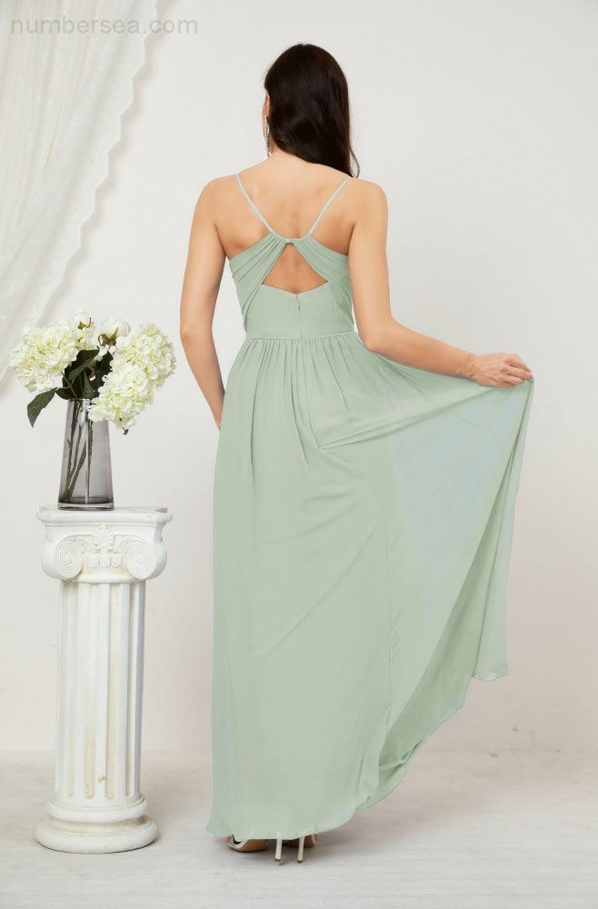 Neck Bridesmaid Dresses Chiffon Long Spaghetti A-line Formal Prom Gown for Wedding Party Evening 2801