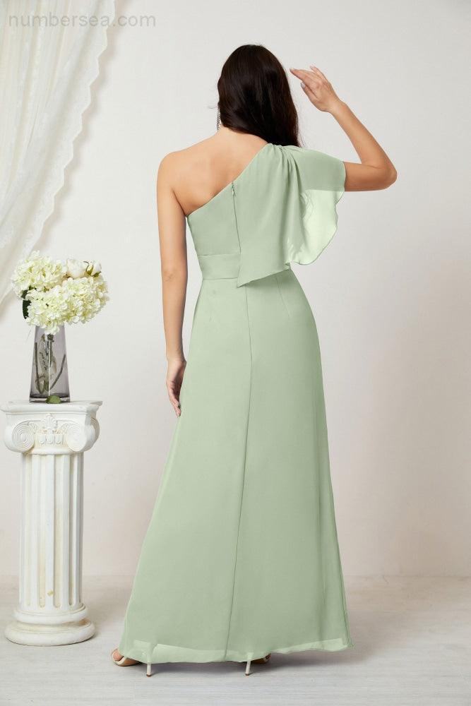 Chiffon Ruffled One Shoulder Long Bridesmaid Dresses A-line Formal Evening Gown Side Split 2809