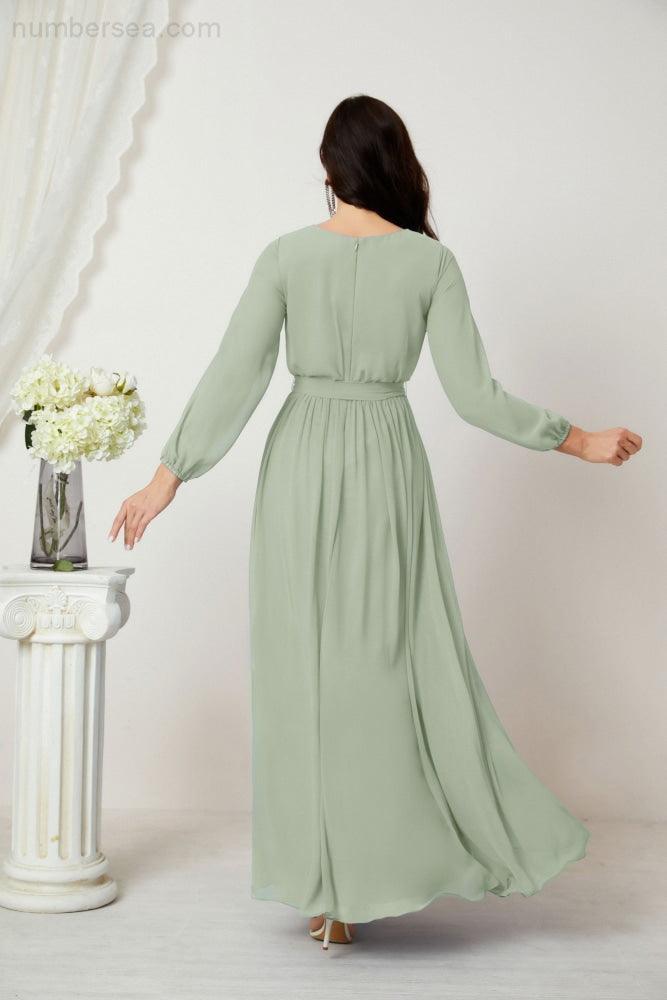 Evening Dresses Deep V-Neck Chiffon Bridesmaid Dresses Long Bishop Sleeve Side Split Formal Dress 2806