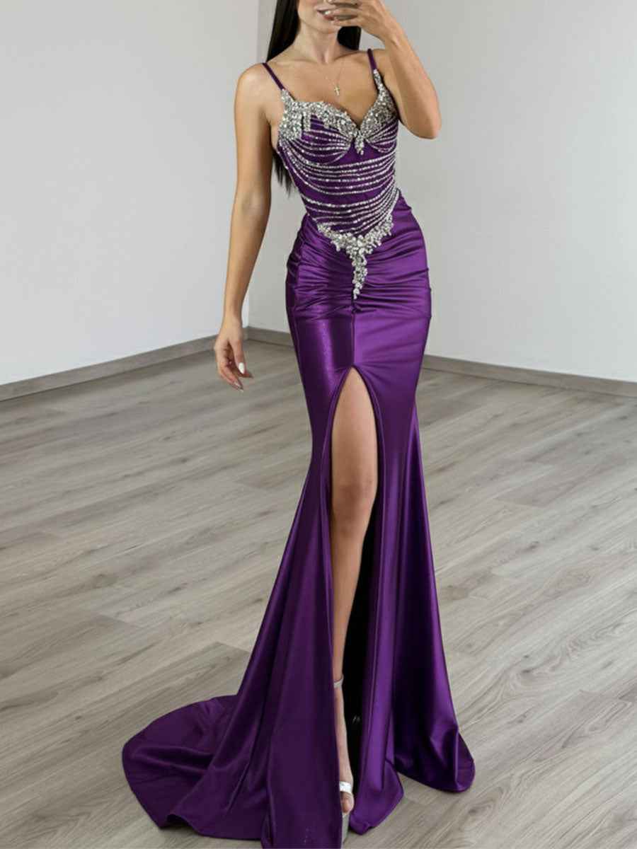 Gold Satin Prom Dress With Beaded Corset Bodice And Side Slit