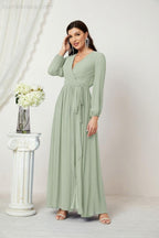 Evening Dresses Deep V-Neck Chiffon Bridesmaid Dresses Long Bishop Sleeve Side Split Formal Dress 2806