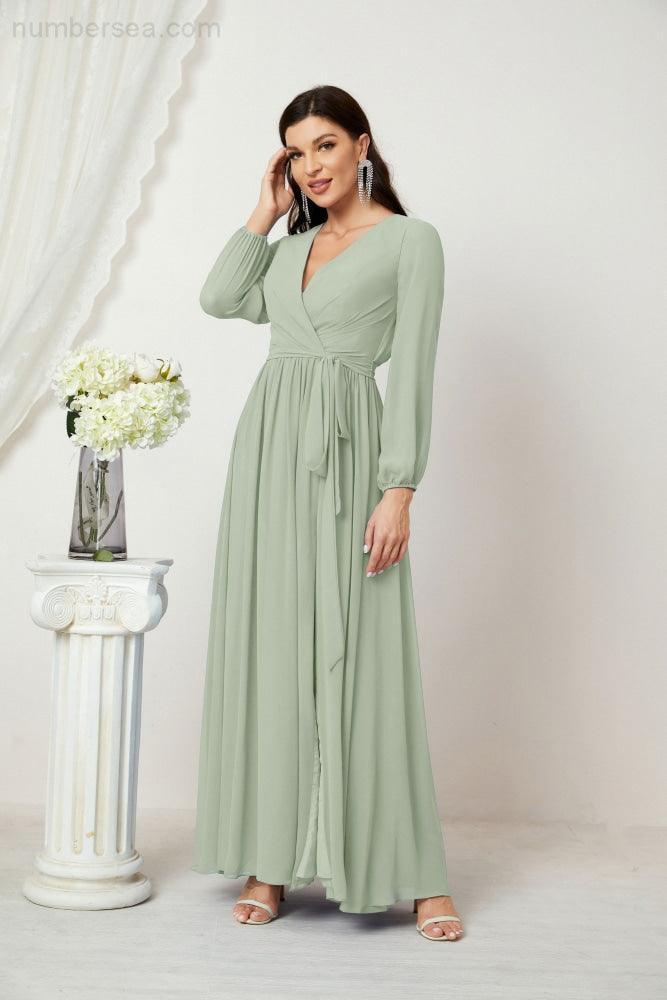Evening Dresses Deep V-Neck Chiffon Bridesmaid Dresses Long Bishop Sleeve Side Split Formal Dress 2806
