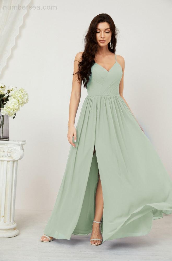 Neck Bridesmaid Dresses Chiffon Long Spaghetti A-line Formal Prom Gown for Wedding Party Evening 2801