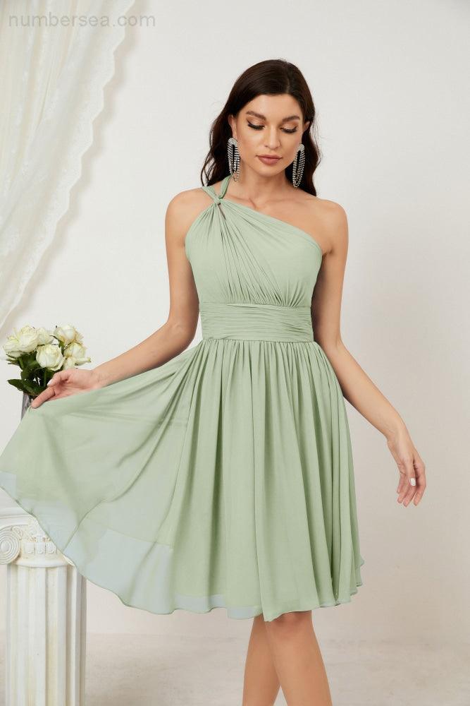 Women Chiffon Short One Shoulder Bridesmaid Dress Formal Dresses for Party Homecoming  2804