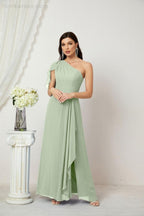 Chiffon Ruffled One Shoulder Long Bridesmaid Dresses A-line Formal Evening Gown Side Split 2809