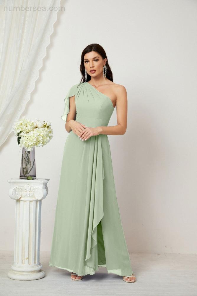 Chiffon Ruffled One Shoulder Long Bridesmaid Dresses A-line Formal Evening Gown Side Split 2809