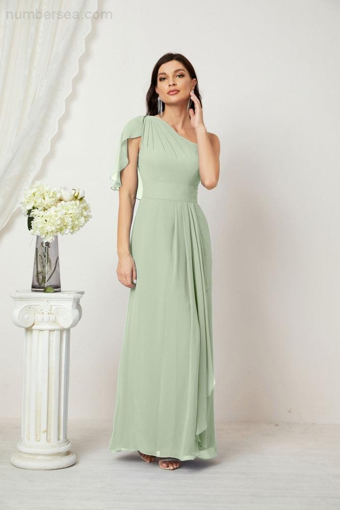 Chiffon Ruffled One Shoulder Long Bridesmaid Dresses A-line Formal Evening Gown Side Split 2809
