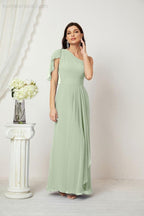 Chiffon Ruffled One Shoulder Long Bridesmaid Dresses A-line Formal Evening Gown Side Split 2809