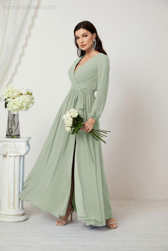 Evening Dresses Deep V-Neck Chiffon Bridesmaid Dresses Long Bishop Sleeve Side Split Formal Dress 2806