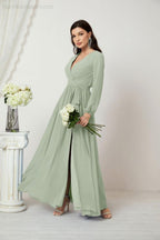 Evening Dresses Deep V-Neck Chiffon Bridesmaid Dresses Long Bishop Sleeve Side Split Formal Dress 2806