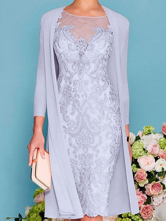 Long-Sleeve Knee-Length Sheath/Column Mother of the Bride Dress with Lace Beading Appliques