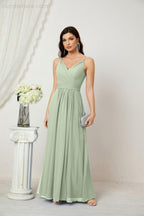 Chiffon V-Neck Bridesmaid Dress Spaghetti Strap Long Formal Party Prom Gowns with Slit 28010