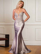 Sage Mermaid Satin Long Prom Dress With Spaghetti Straps And Appliques